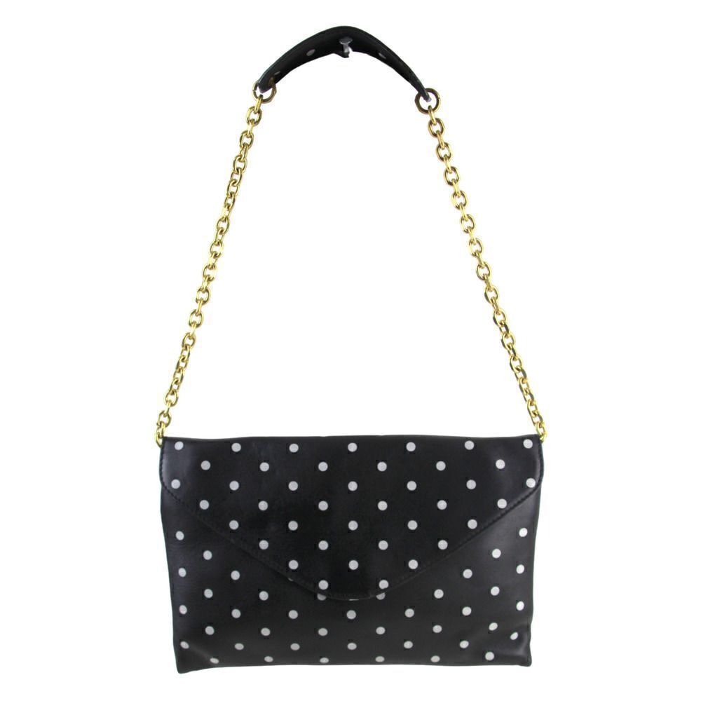 J.CREW BLACK GENUINE LEATHER POLKA DOT CHAIN ENVELOP SHOULDER BAG HANDBAG PURSE